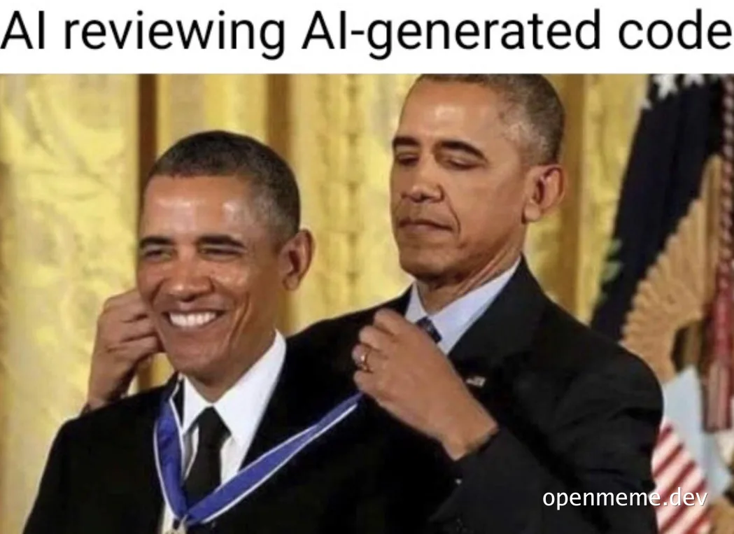 Barack Obama giving medal to another Obama with caption 'AI reviewing AI-generated code'