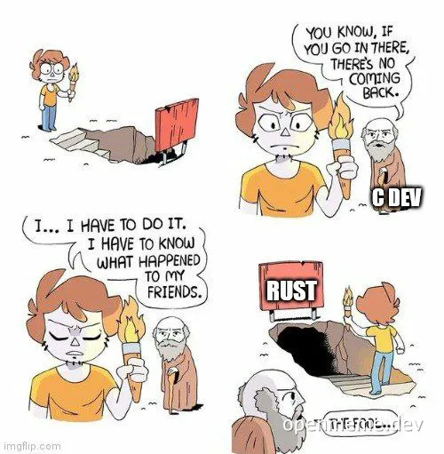cartoon developer investigating rust programming language