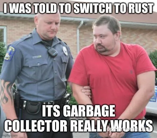 humorous image of a man being led away in handcuffs with a police officer and text about Rust programming language