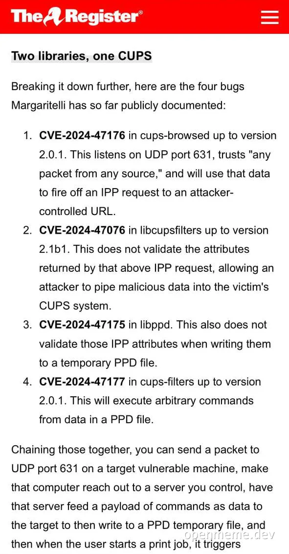 security vulnerabilities in CUPS and libraries