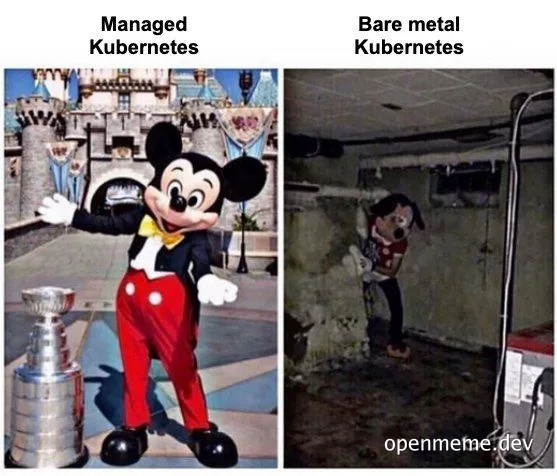 Mickey Mouse comparing managed and bare metal Kubernetes