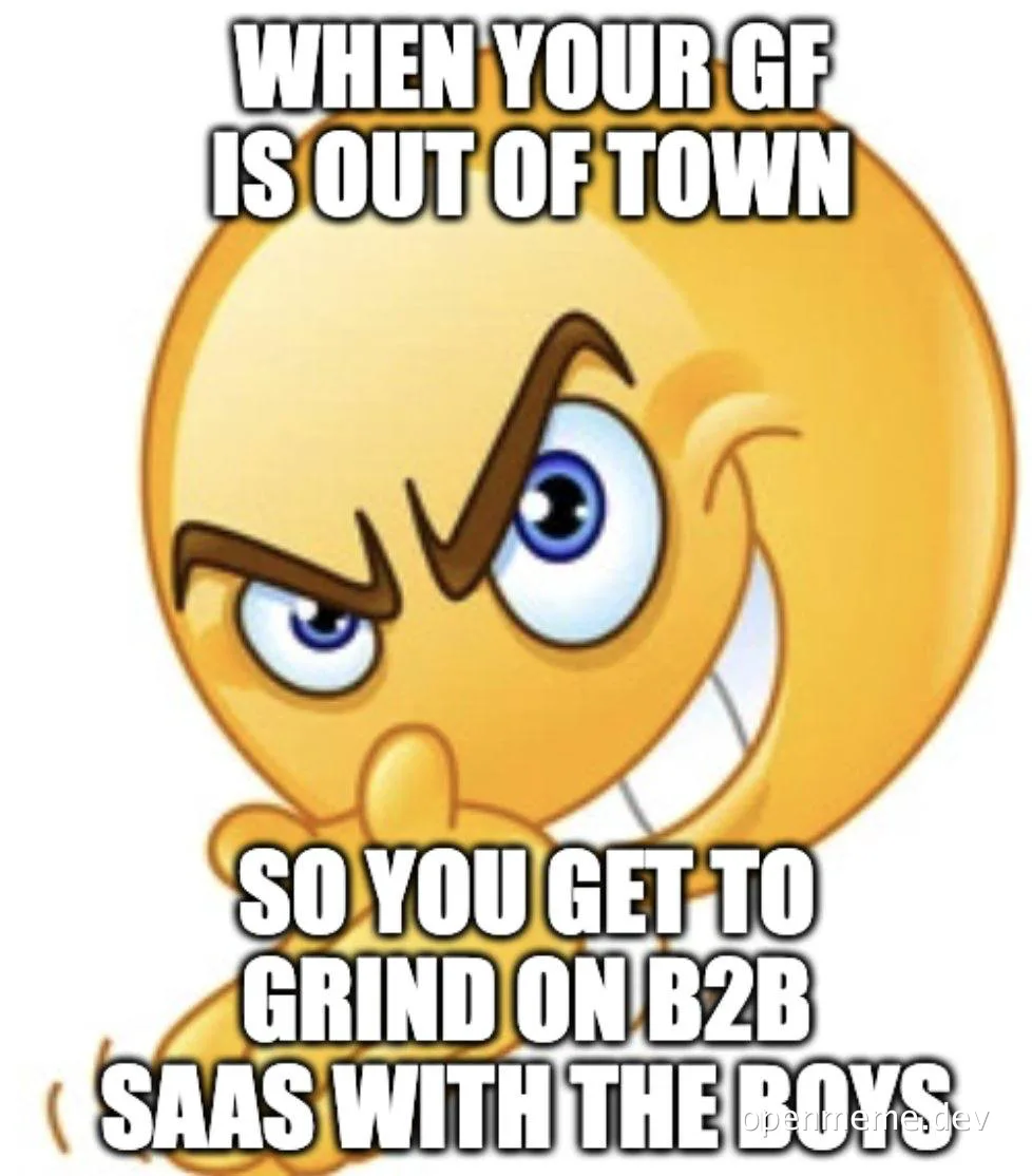 Smiling emoji with caption 'When your GF is out of town so you get to grind on B2B SaaS with the boys'