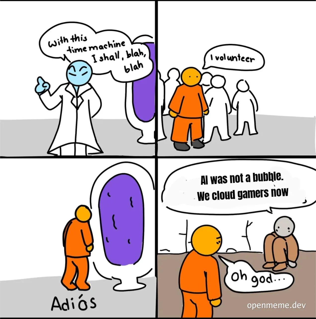 A comic strip showing a scientist with a time machine, a volunteer entering it, and the future where a character says 'AI was not a bubble. We cloud gamers now' while another looks on in horror.