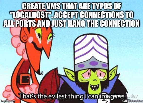 Cartoon characters discussing creating malicious virtual machines with localhost typos