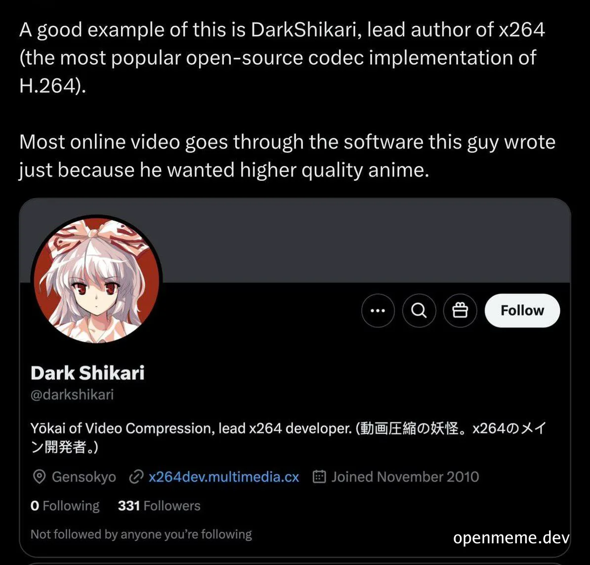 DarkShikari lead author of x264 open-source codec implementation