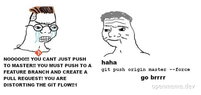 Git flow meme with two characters discussing push to master