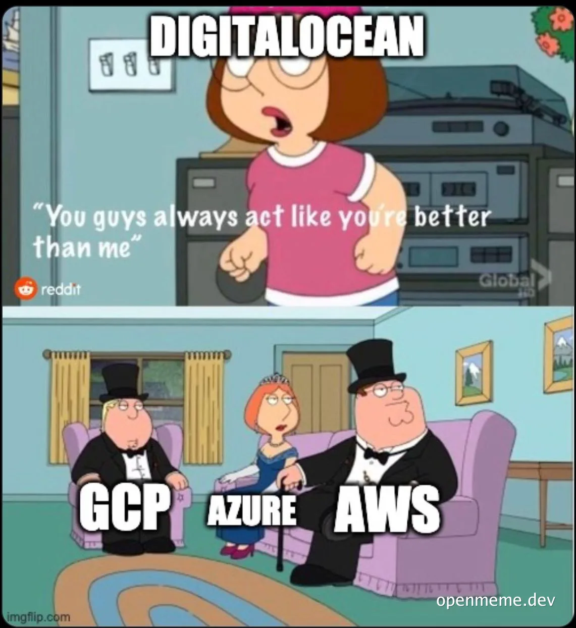 humorous meme comparing digitalocean to gcp azure and aws