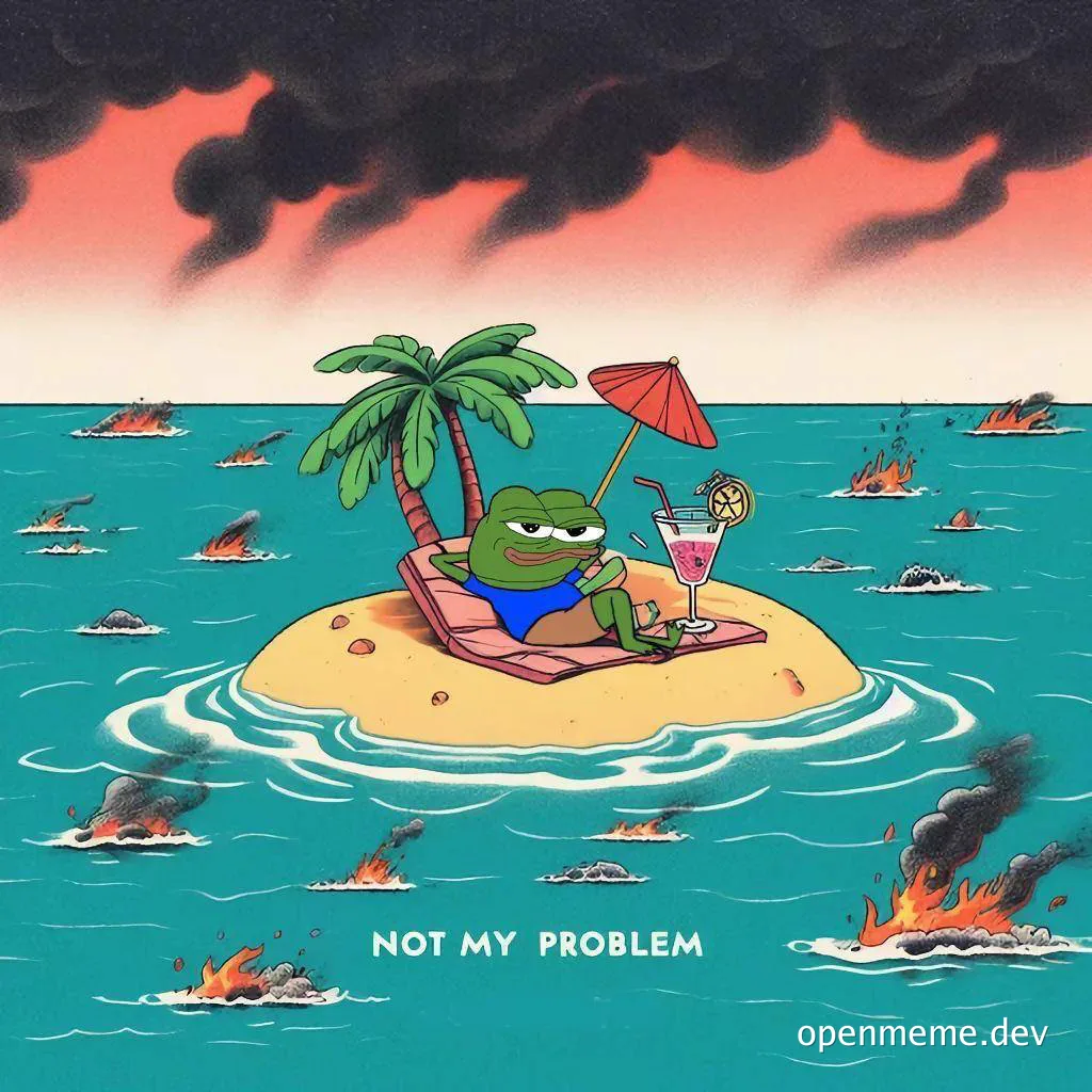 Pepe the Frog on a tropical island with a cocktail, surrounded by burning sea and rocks, with the text 'NOT MY PROBLEM'