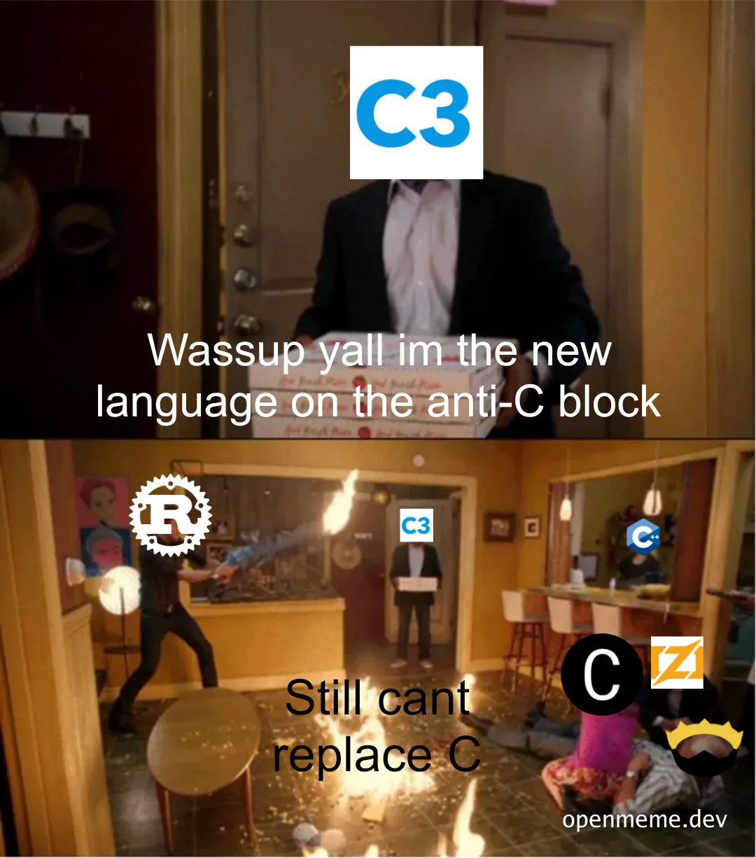 C3 meme with a man holding pizza boxes and a chaotic scene