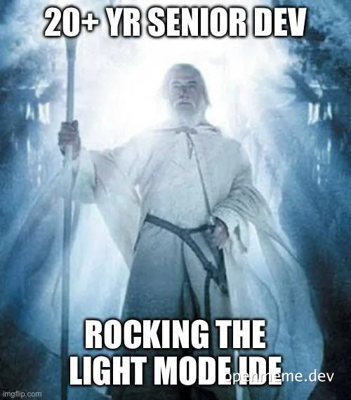Gandalf meme with text '20+ YR SENIOR DEV ROCKING THE LIGHT MODE IDE'