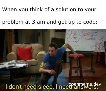 Jim Parsons in The Big Bang Theory, crouched and ready to jump, with text overlay: 'When you think of a solution to your problem at 3 am and get up to code: I don't need sleep. I need answers.'