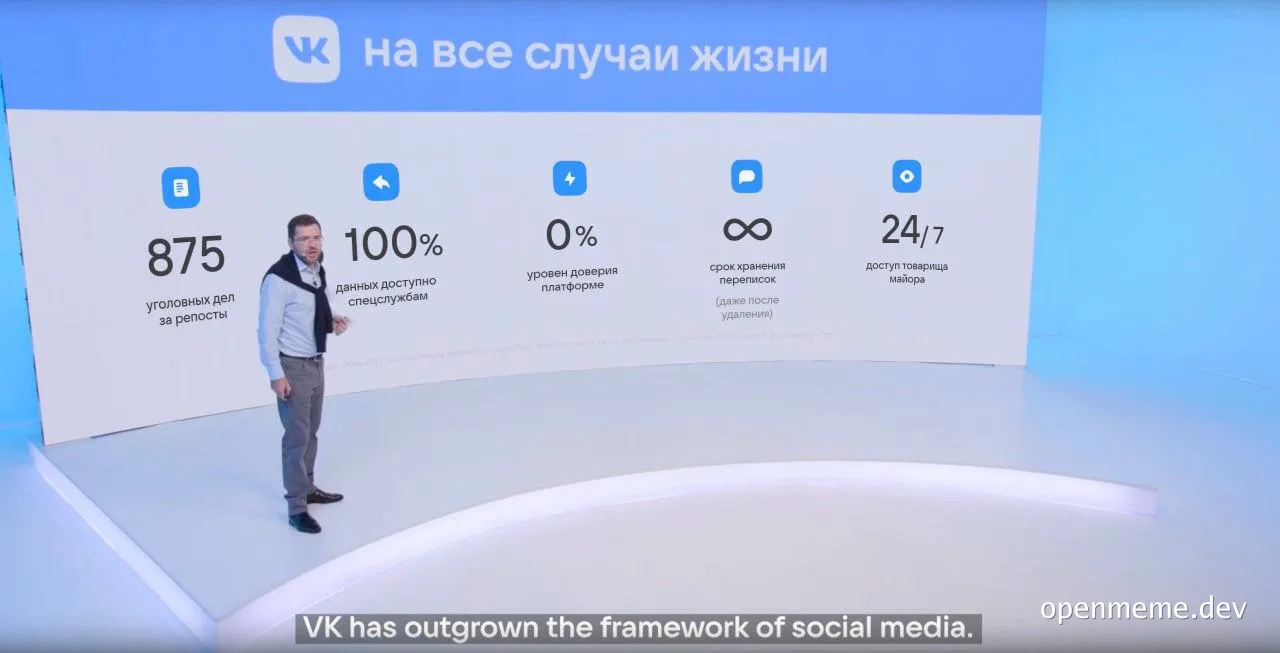 man standing in front of a large screen with russian text about vk social media statistics