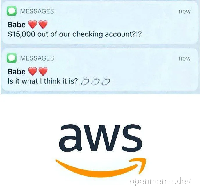AWS logo with a text message conversation about a missing $15,000