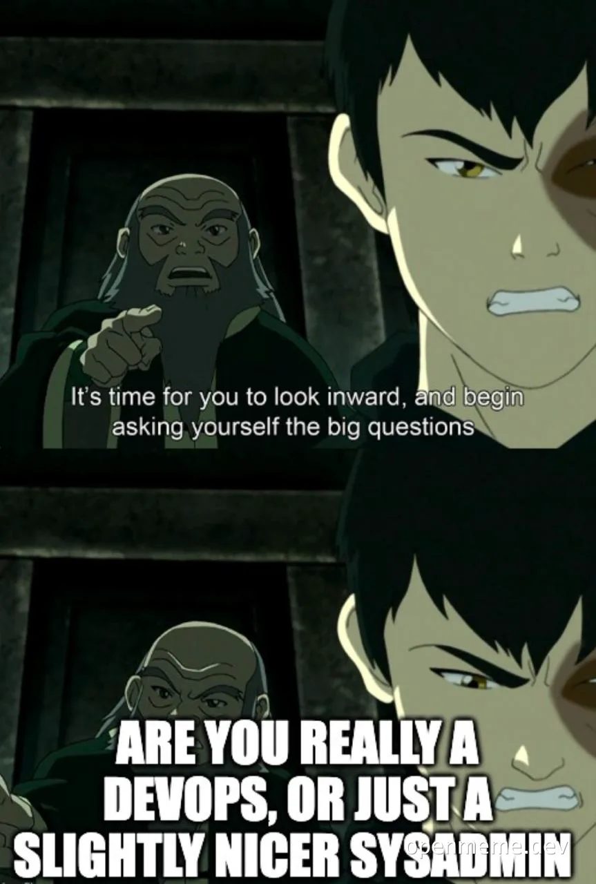 Avatar meme of character questioning if they are a devops or a sysadmin