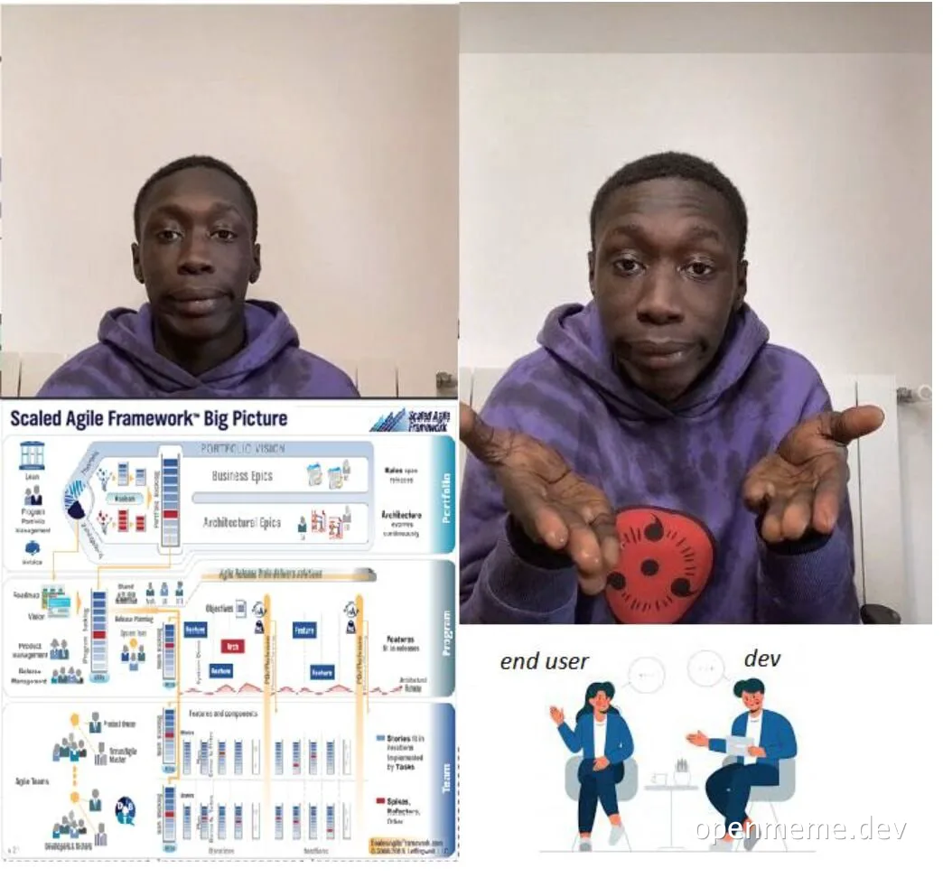 Man in purple hoodie looking confused with Scaled Agile Framework diagram and end user developer cartoon