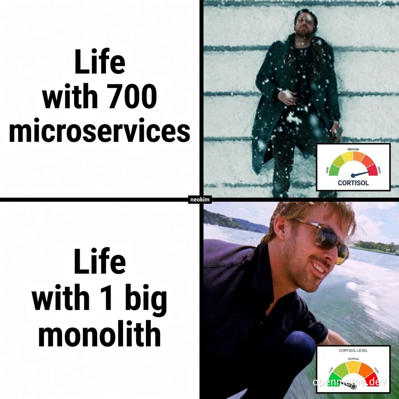 Meme comparing a stressed developer with a cortisol meter in the red to a relaxed developer, illustrating the difference between managing 700 microservices and one big monolith.
