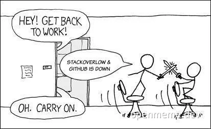 stick figure drawing of two office workers fighting with swords because Stack Overflow and GitHub are down
