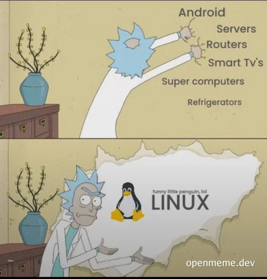 Rick Sanchez points to various devices and then reveals a large Linux logo
