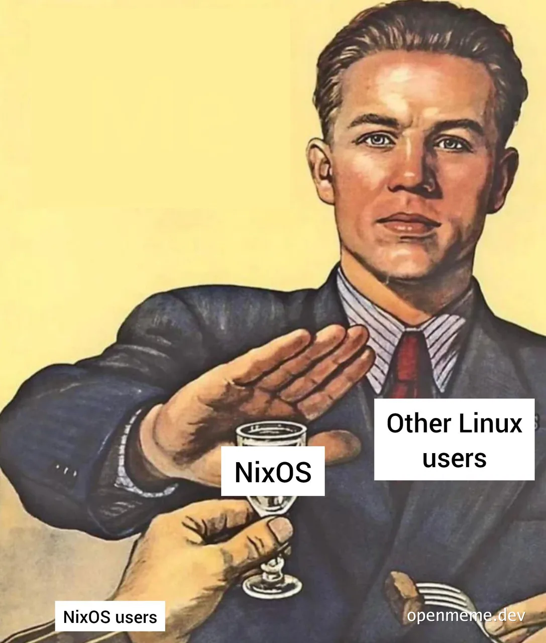 NixOS meme with man rejecting drink