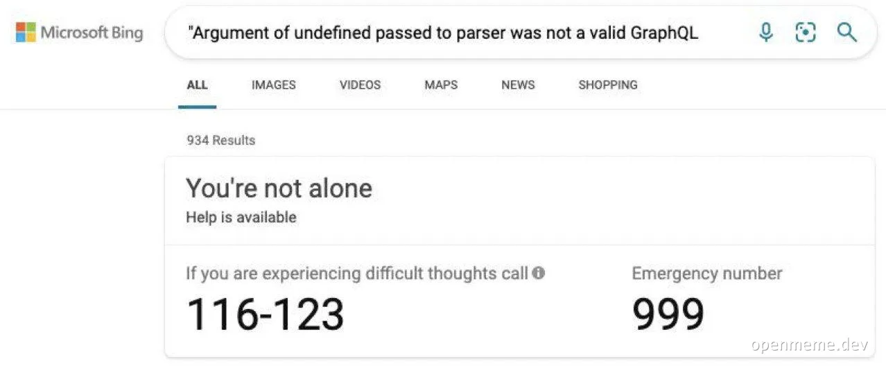 Bing search result page with error message and mental health support numbers