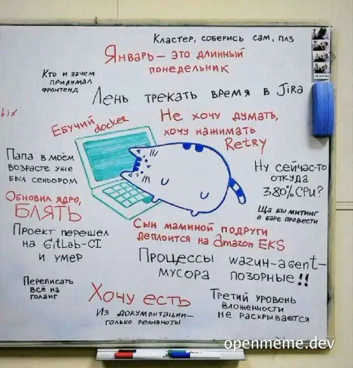 A whiteboard with a piggy bank drawing and Russian text about developer frustrations