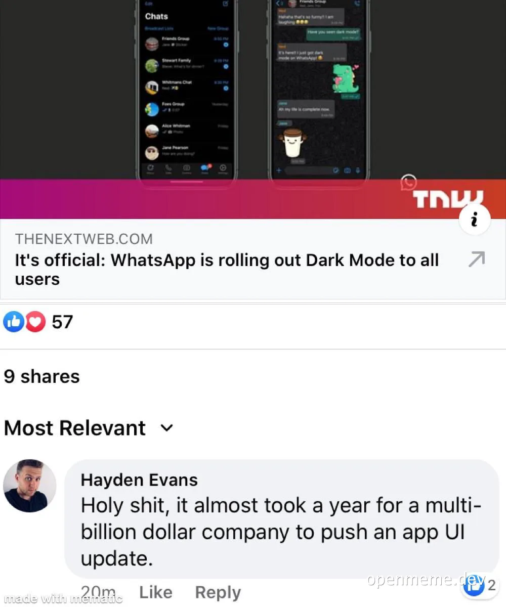 whatsapp dark mode rollout meme