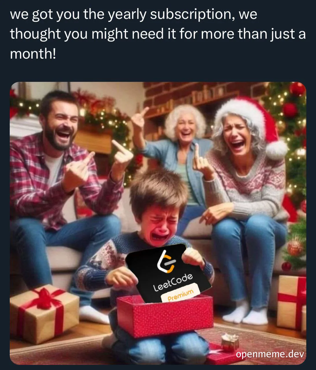 a child happily opening a gift with a leetcode premium subscription inside while family members cheer