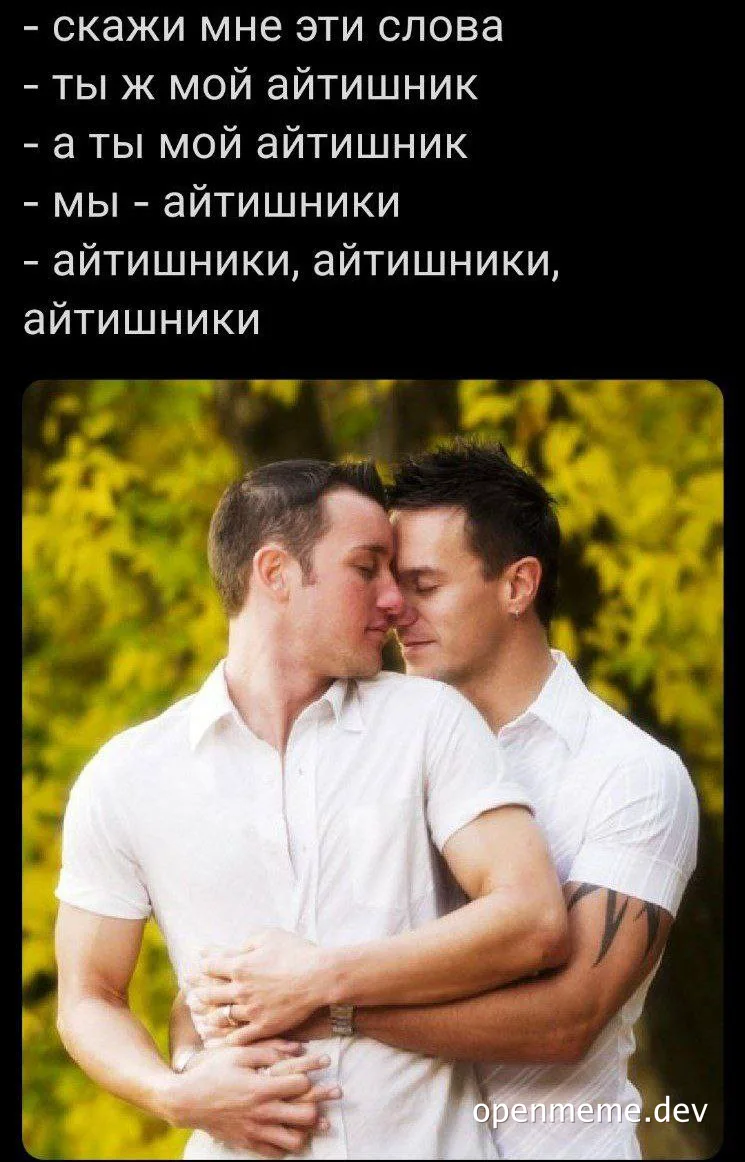 Two men in white shirts embracing and touching noses with a humorous caption about IT specialists