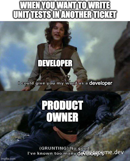 Lord of the Rings meme of developer and product owner discussing unit tests
