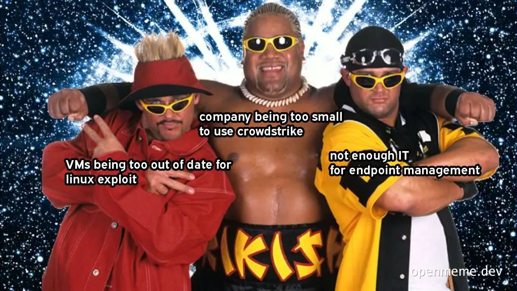 Three men in sunglasses and bold outfits pose against a starry background, representing IT challenges.