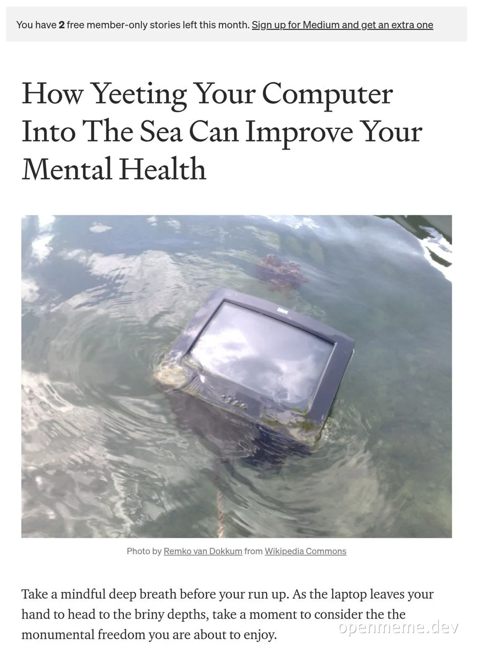 A laptop floating in the sea with text about yeeting computers for mental health