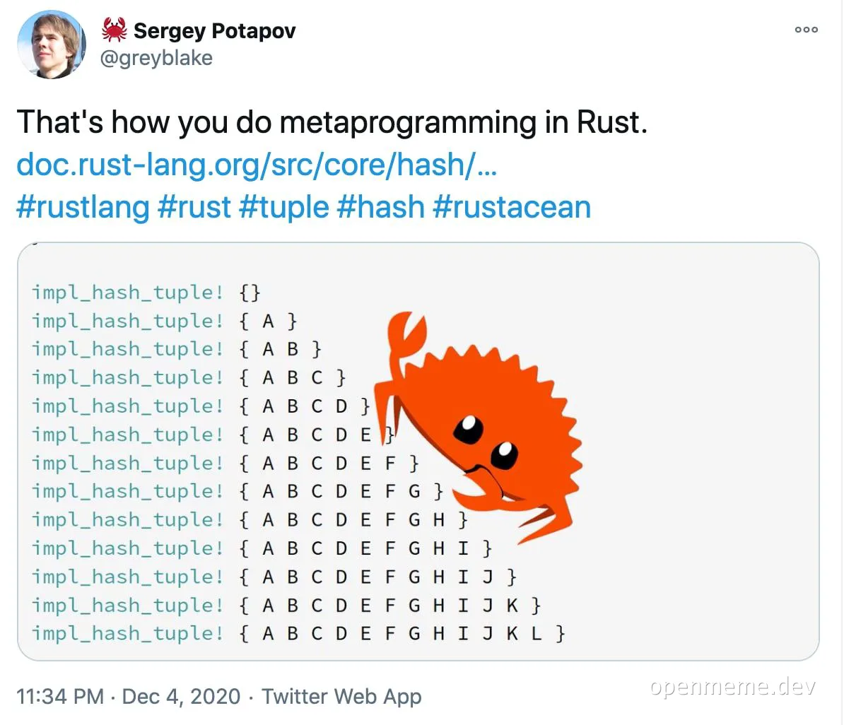 Crab character with code for metaprogramming in Rust