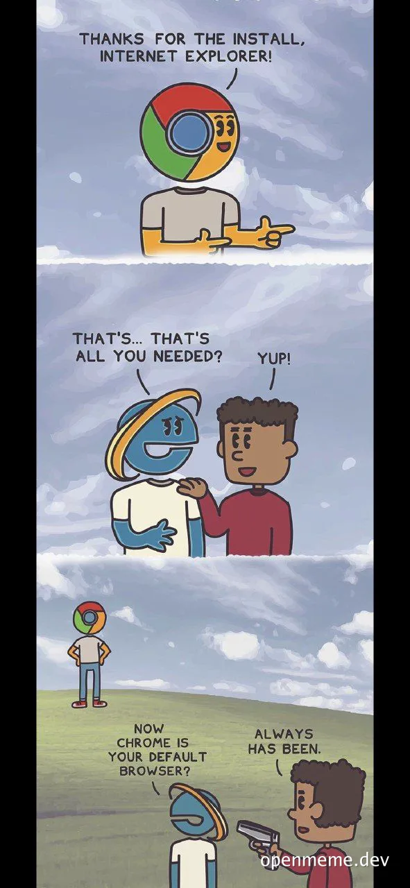 cartoon characters representing internet explorer and chrome browsers in a humorous comic strip