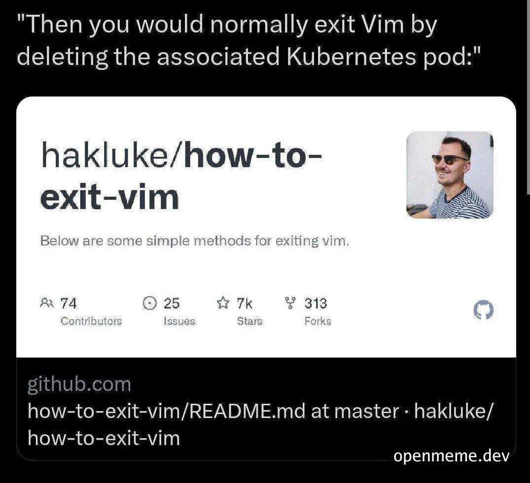 humorous github repository page for exiting vim with kubernetes pod twist