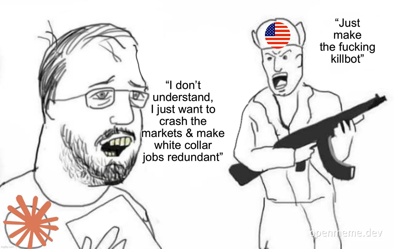 meme of two men arguing about making a killbot to crash markets