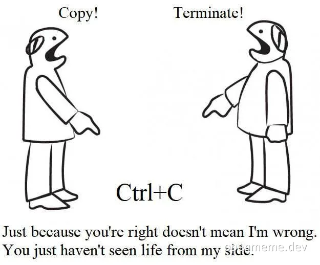 Two cartoon characters argue about copy and terminate commands