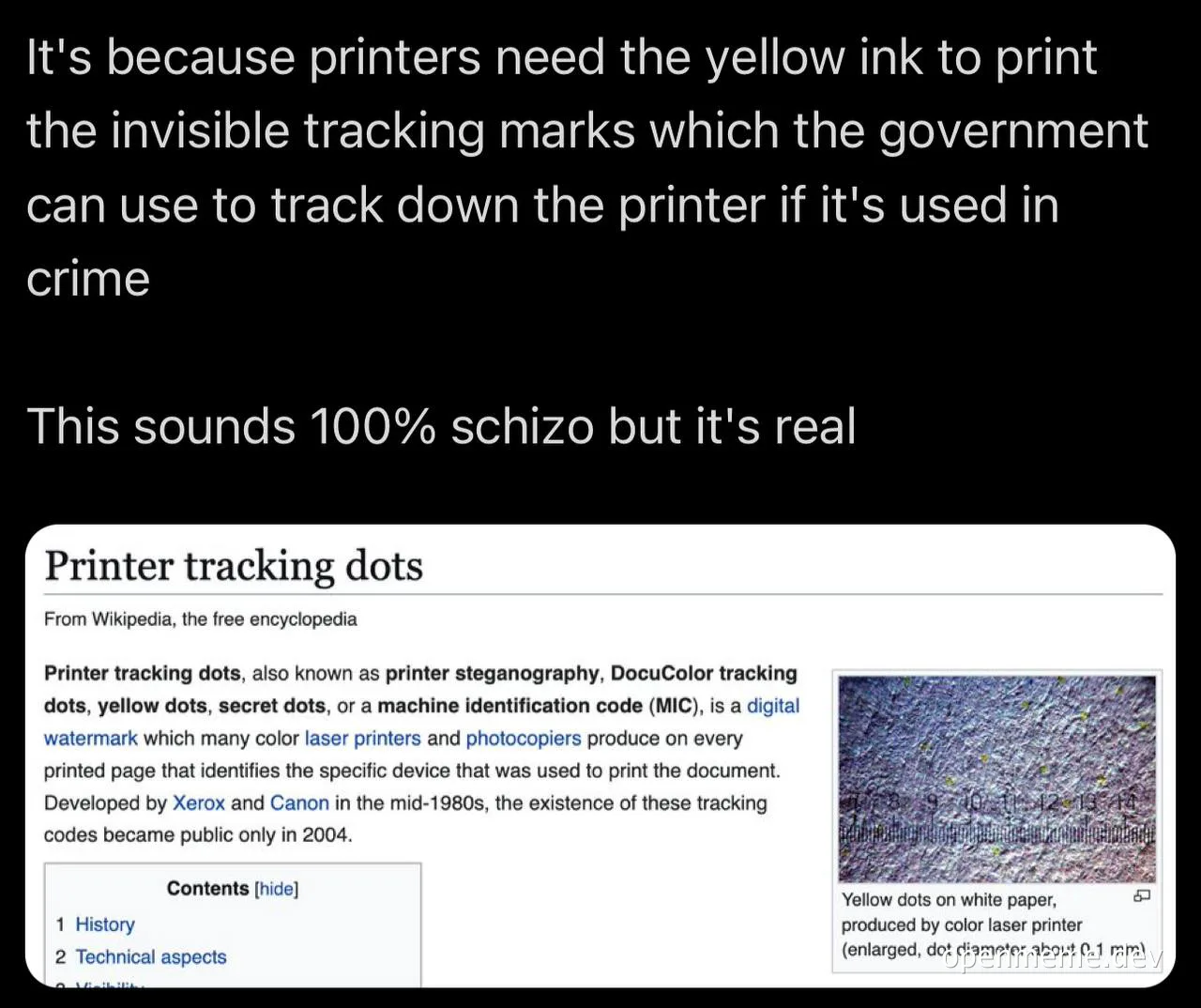 meme about printer tracking dots and government surveillance