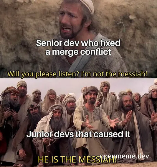 Senior dev fixes merge conflict, junior devs hail him as messiah