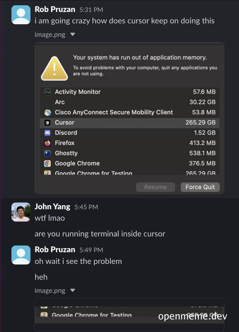 chat conversation about cursor memory usage