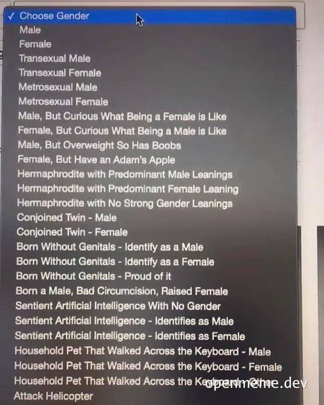 screenshot of dropdown menu with humorous gender options