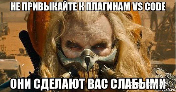 Furiosa from Mad Max with a stern expression and a metal mask, with text about not getting used to VS Code plugins