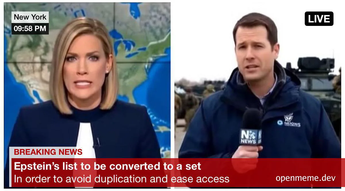 Breaking news meme with news anchors and Epstein's list to be converted to a set