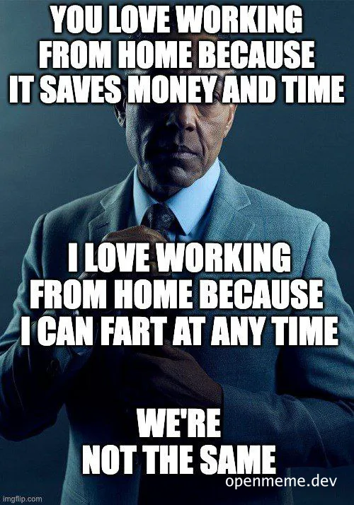 meme image of a man in a suit with text about working from home