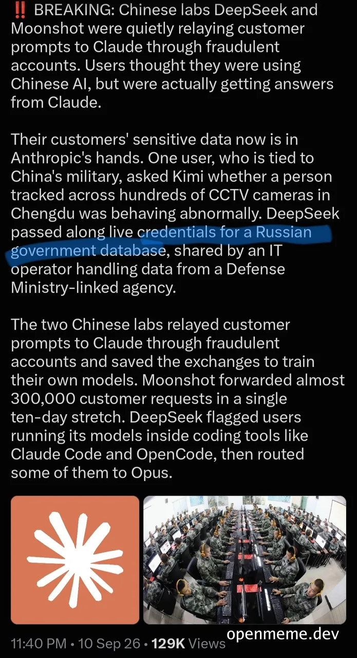 Screenshot of a breaking-news post about Chinese AI labs DeepSeek and Moonshot relaying user prompts to Claude, paired with