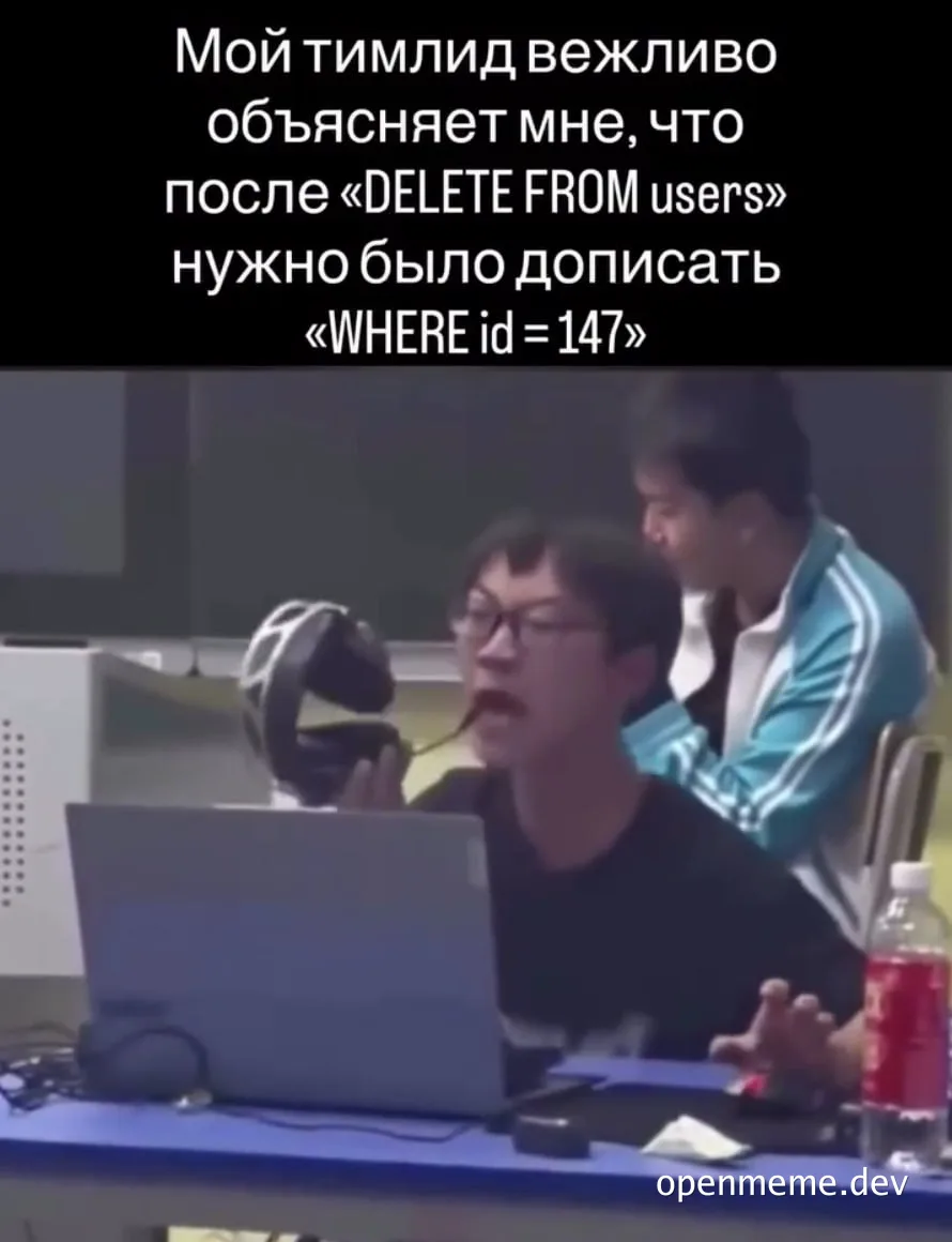 Two developers looking at a laptop screen with a shocked expression, one explaining a SQL query error.