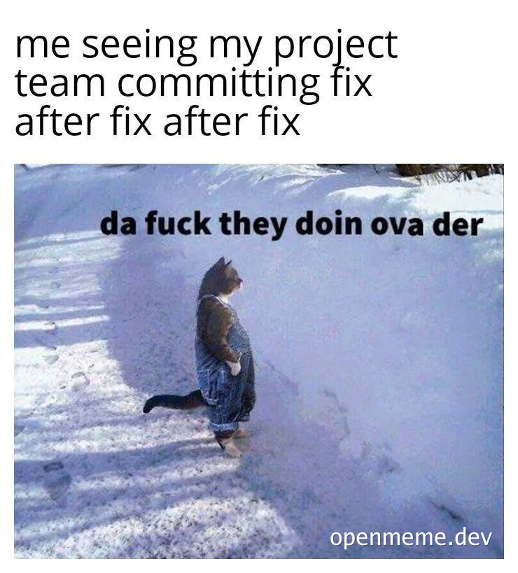 cat looking at snow with text 'da fuck they doin ova der'