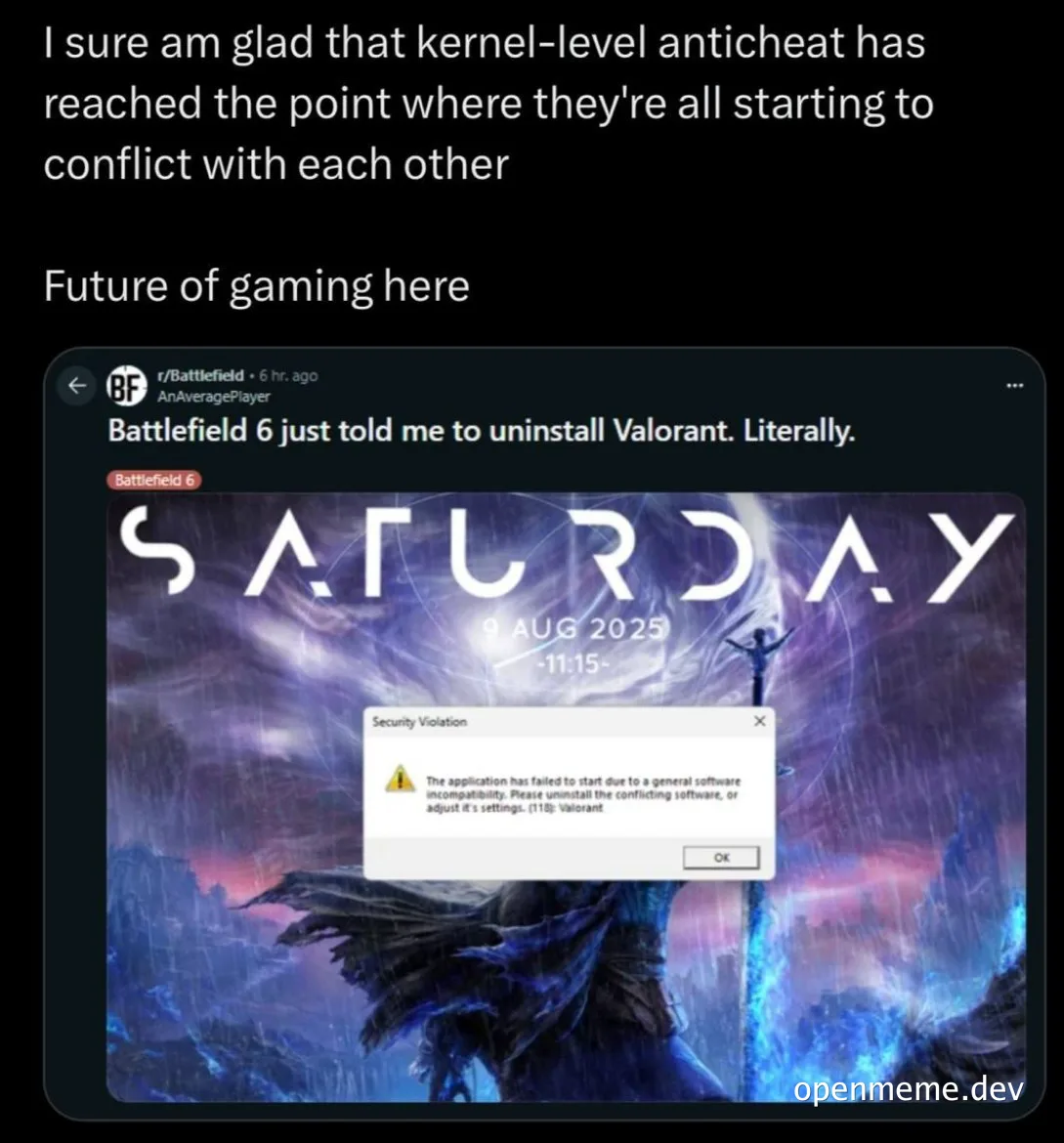 Screenshot of a Reddit post about Battlefield 6 security violation requiring Valorant uninstall