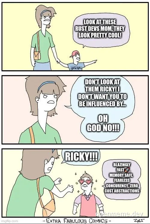 cartoon comic of mother and child discussing rust developers