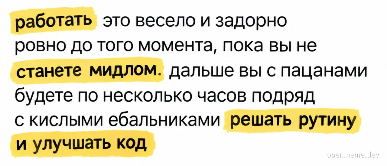 Текстовый мем с жёлтым выделением: работать весело, пока не станешь мидлом, дальше — часы рутины и улучшения кода с кислыми лицами