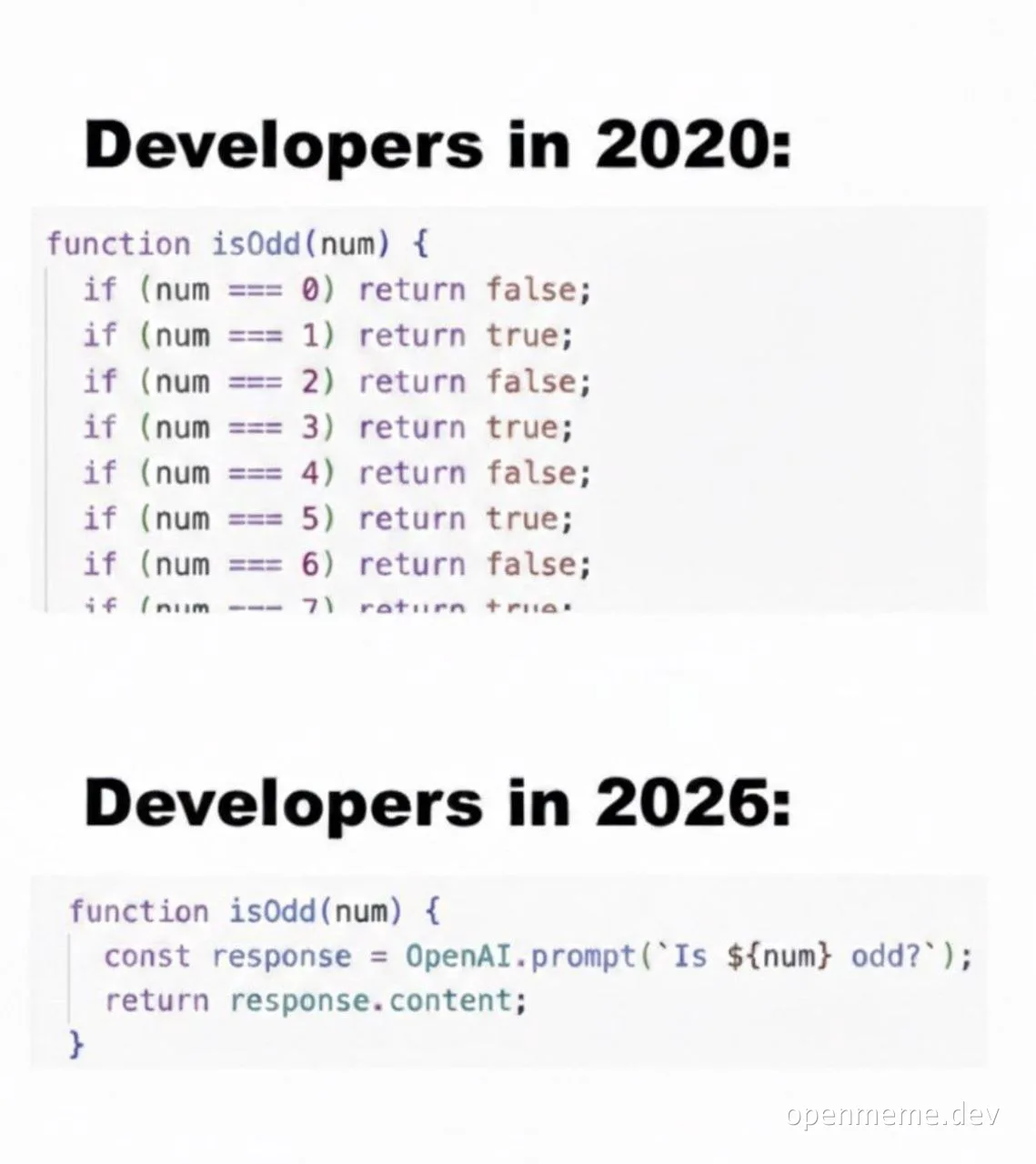 Comparison meme showing a long if/else chain for an isOdd function labeled 'Developers in 2020' versus a single